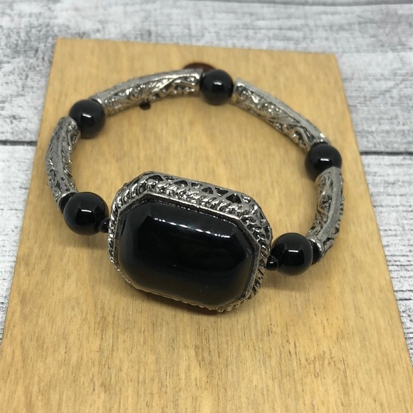 Antique silver tone faux opal stretch bracelet statement - Picture 1 of 4